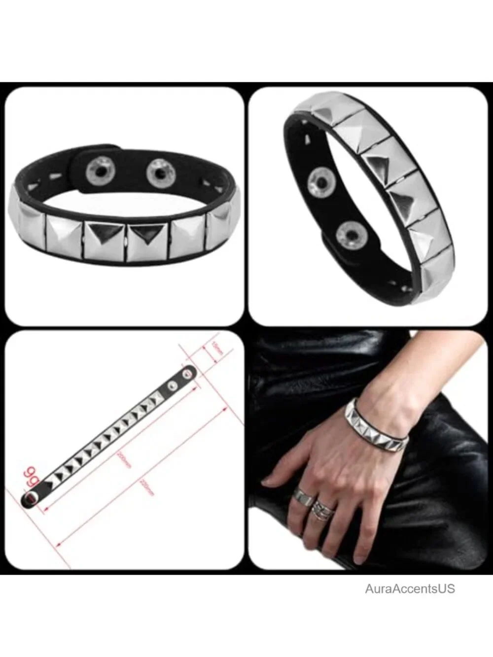 Set of 4 Faux Leather Bracelets, Cuff Wristbands, Goth Emo Punk Studs